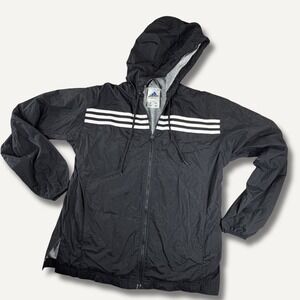 Adidas Windbreaker Jacket Womens S Black 3 Stripe Y2K Hooded Zip